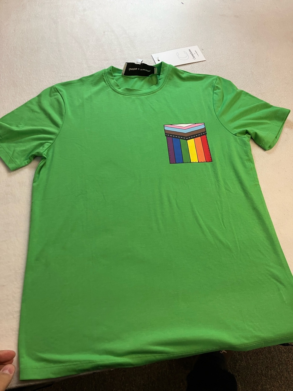 Bright Green Short-Sleeve Tee with Rainbow Pocket Graphic